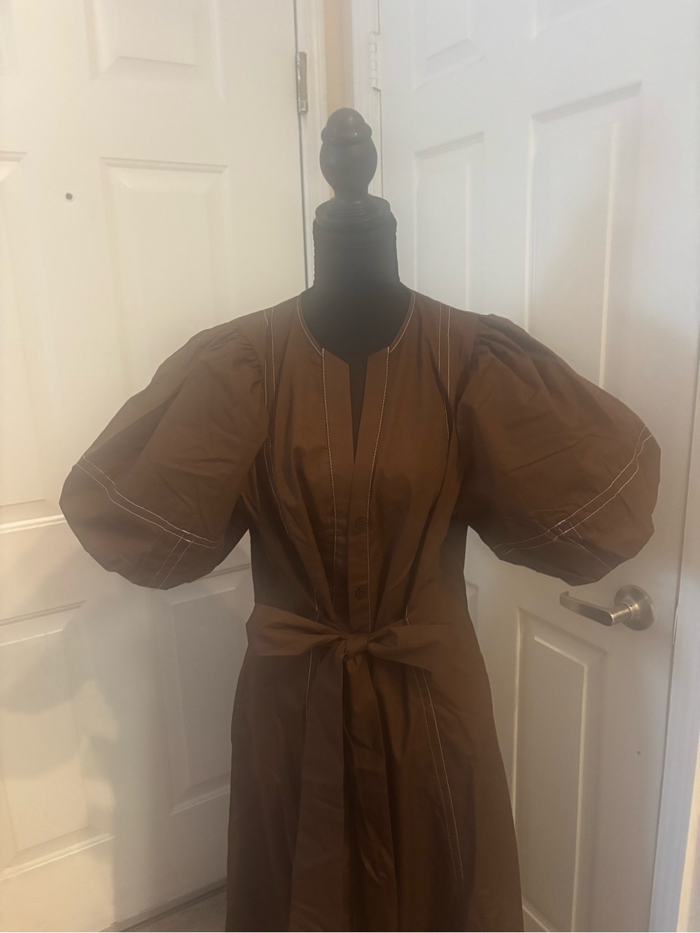 Anthropologie Brown Midi Dress with Puff Sleeves